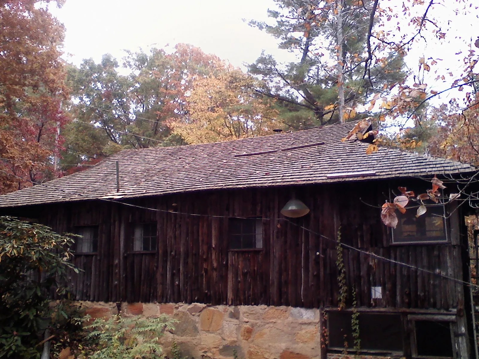 Weathered wood shake roof on a rustic board sided cabin in Ostrander
